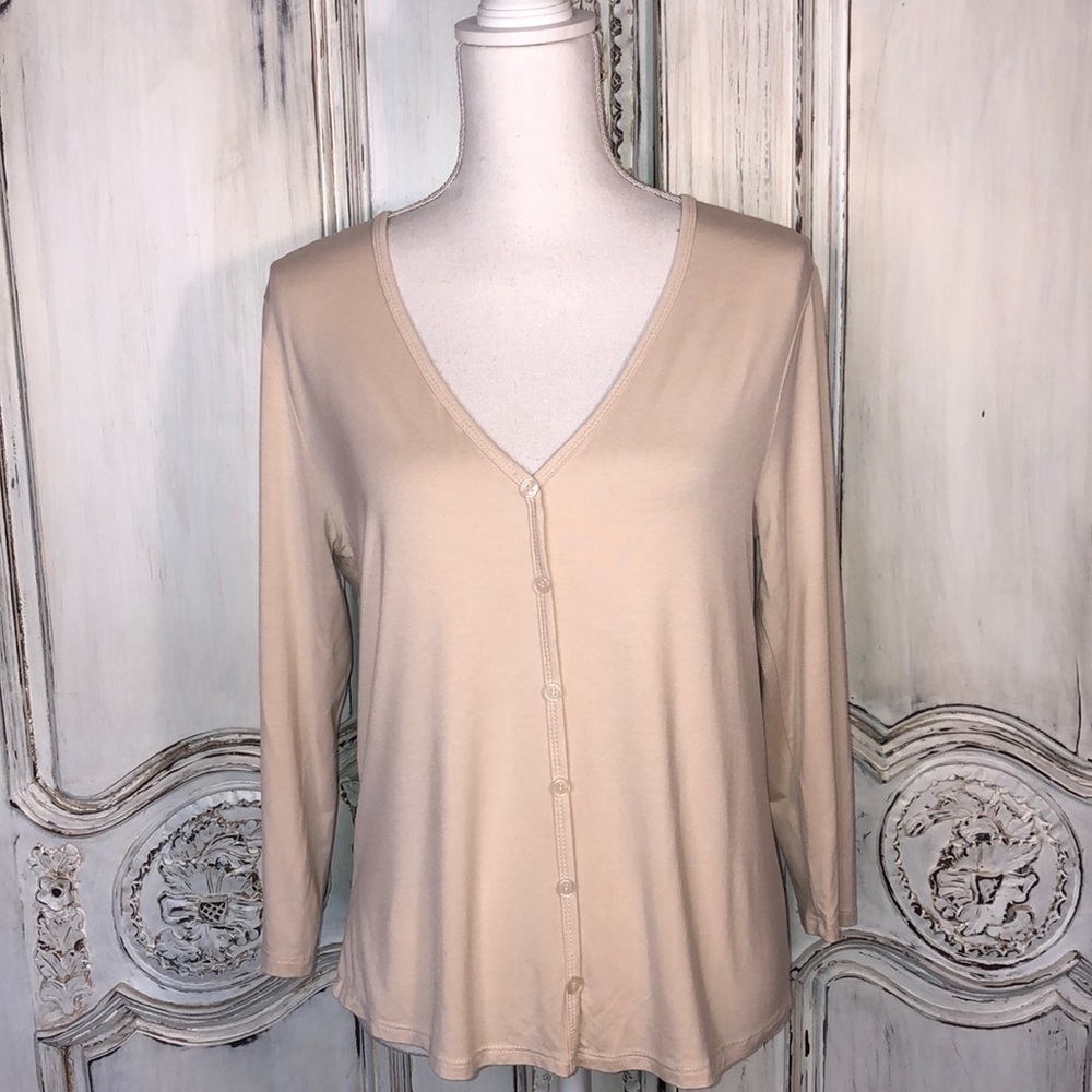 Emerette Deep V Neck Long Sleeve Soft Basic Jersey Knit Top Size Large